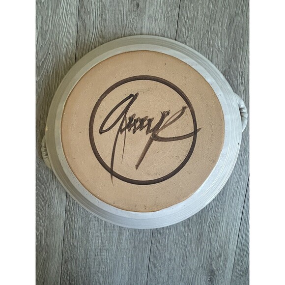 Vintage Studio Pottery 11” Plate Platter Dish Handles Abstract Signed Blue Pink - Picture 4 of 7